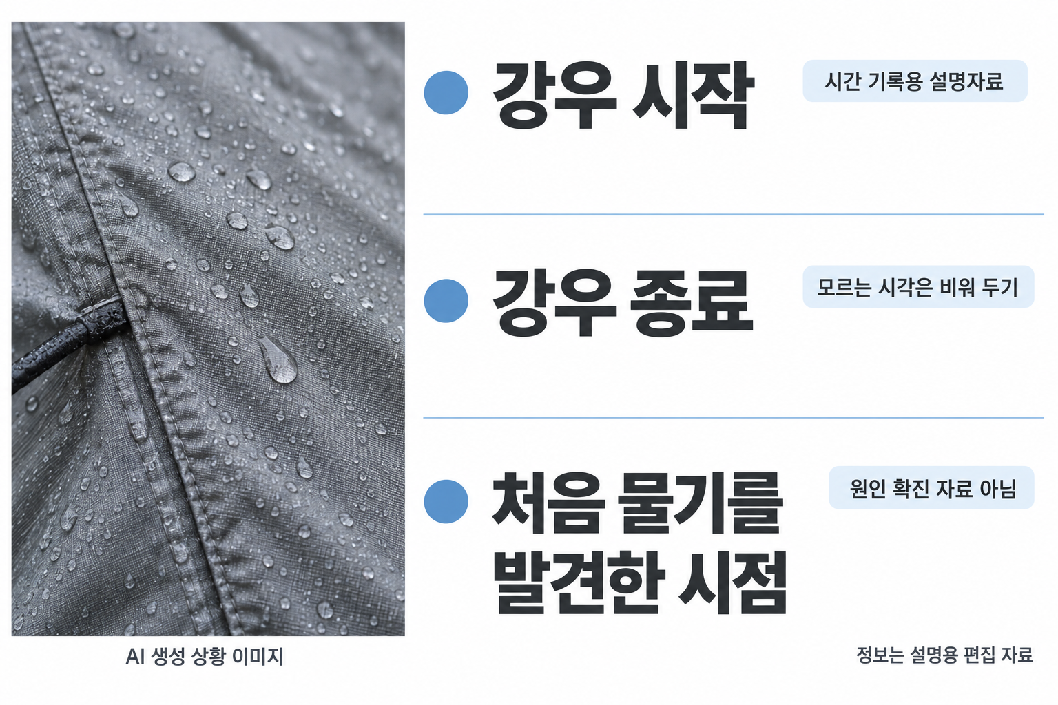 젖은 천의 근접 상황 사진 옆에 큰 세 항목: 강우 시작 / 강우 종료 / 처음 물기를 발견한 시점. 작은 세 빈 사각형 대신 기록할 대상을 글자로 크게. 원인 확진 자료가 아니라 시간 기록용 설명자료임을 표시.