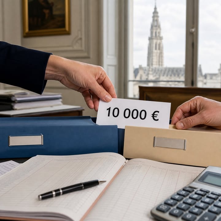 Deux mains déposent un billet de dix mille euros dans un classeur, près d'un carnet et d'une calculatrice.