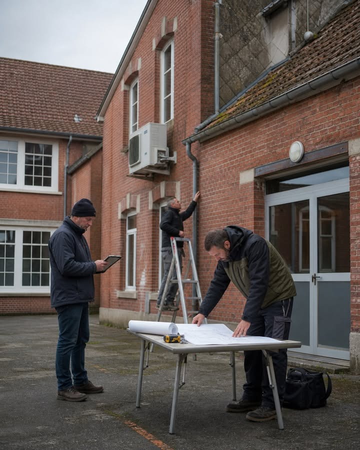 Trois hommes en vêtements de travail inspectent des plans et un mur en brique d'un bâtiment.
