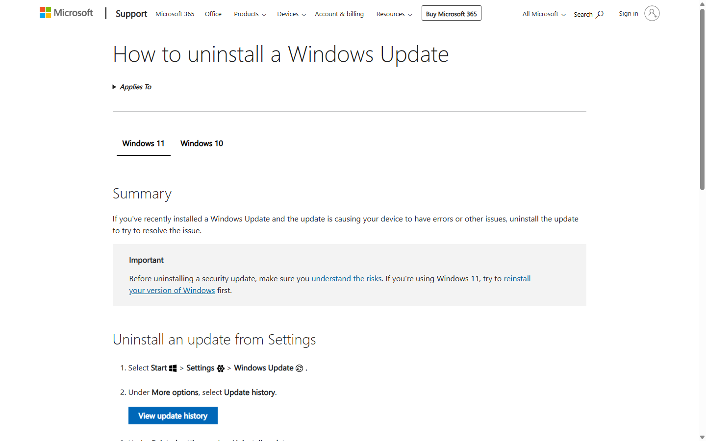 Windows 접근 가능 여부에 따른 업데이트 제거 경로와 제거 불가 조건