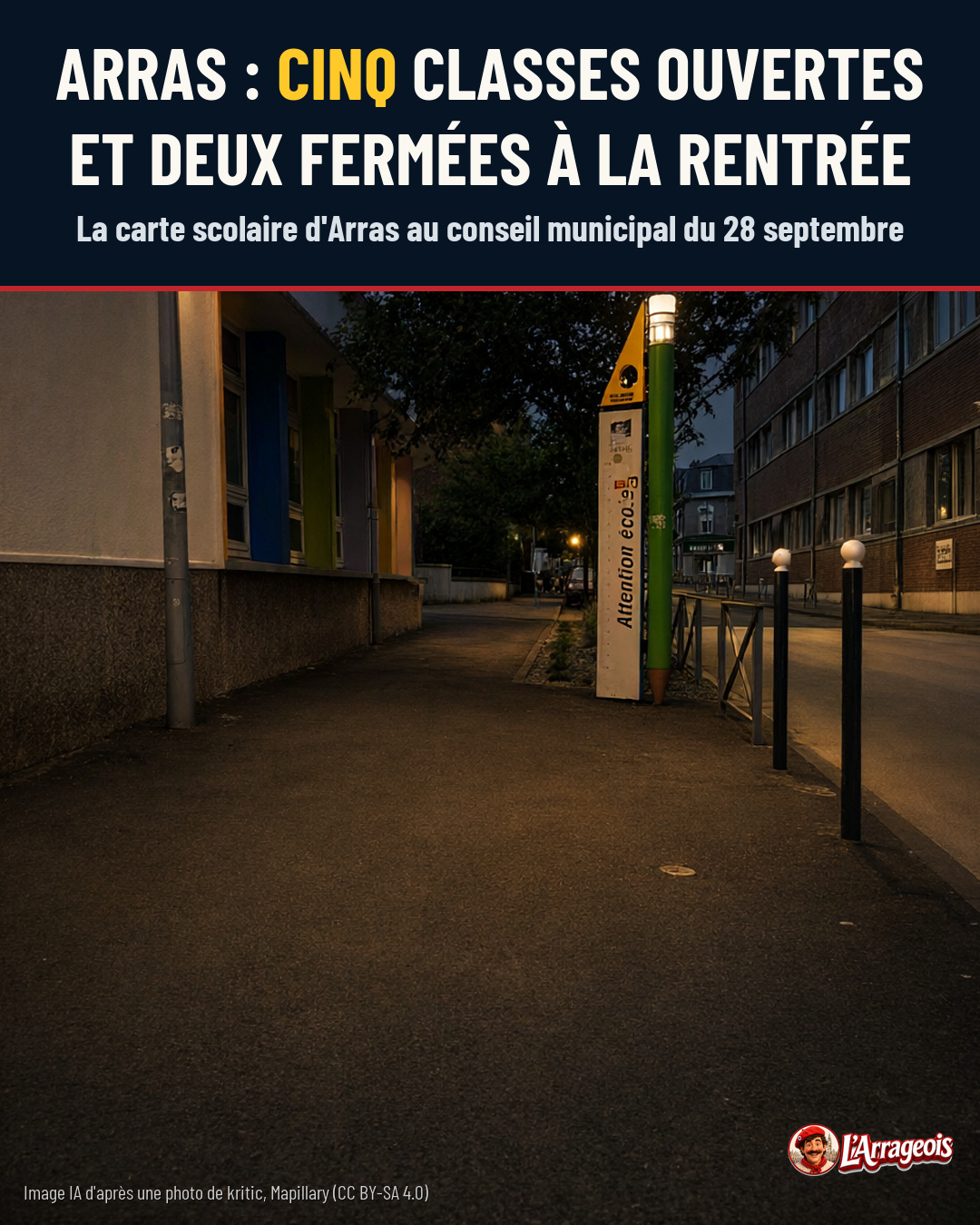 Ruelle pavée devant une école aux fenêtres colorées, avec un poteau vert en forme de crayon et des bornes de sécurité.