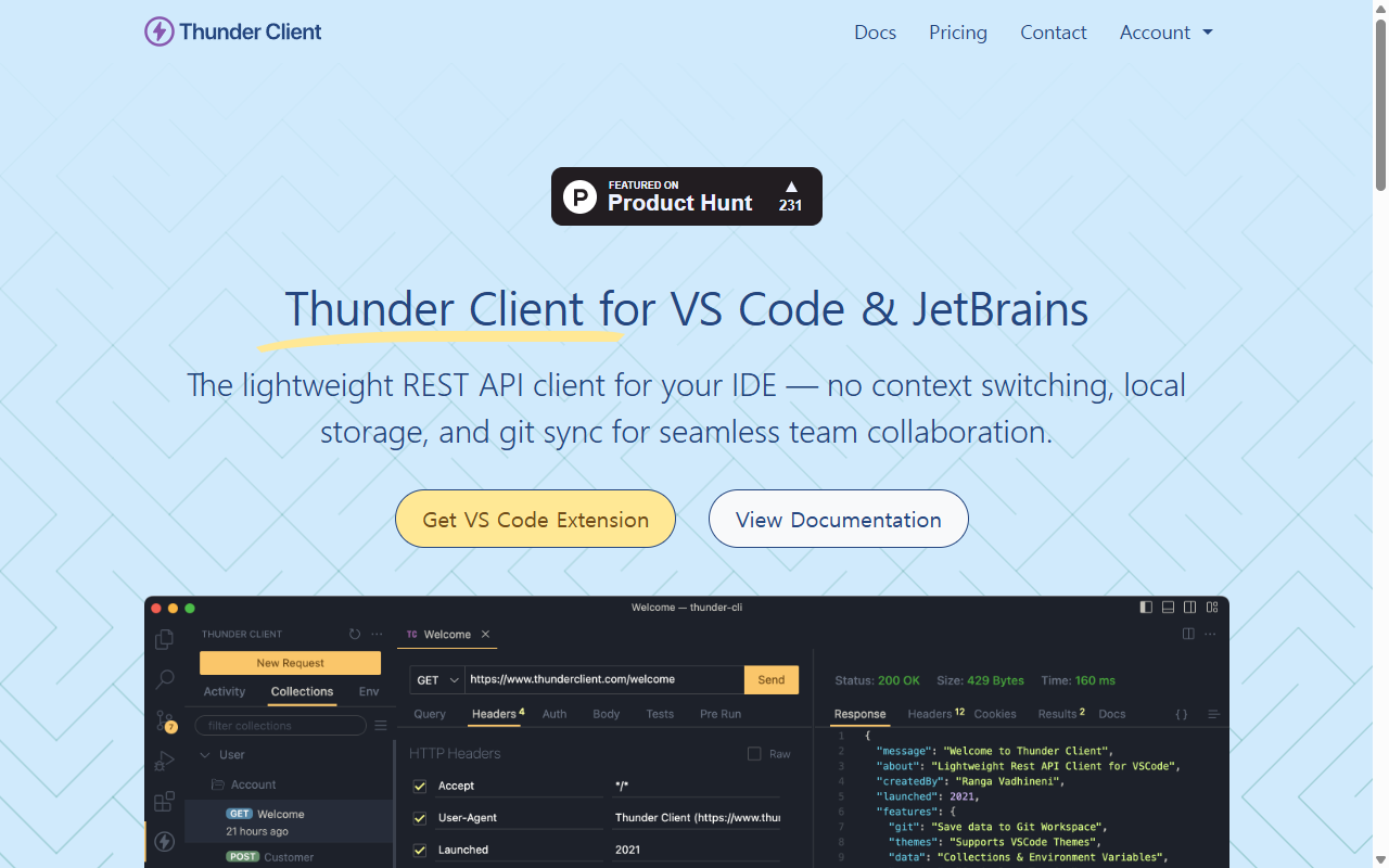 Thunder Client VS Code 확장 프로그램 화면