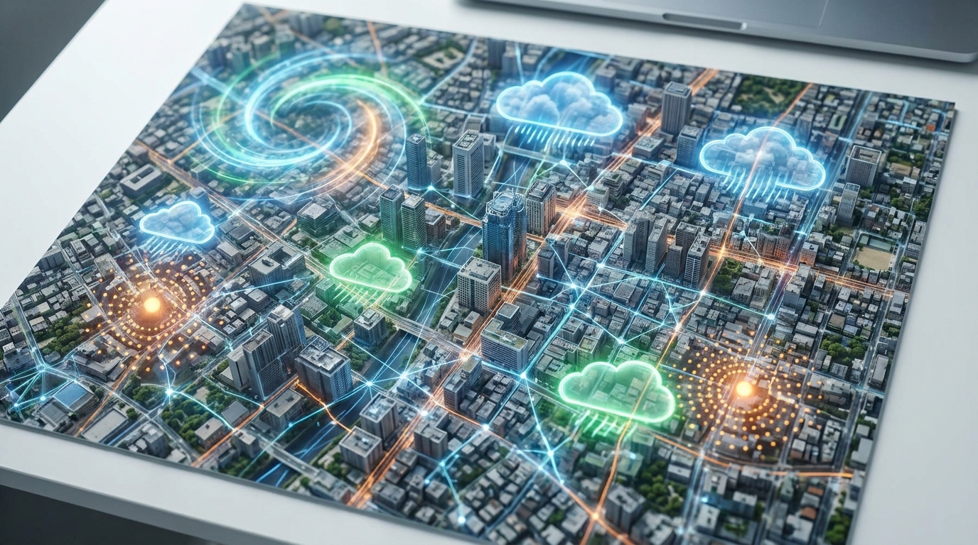 Detailed map of a city showing hyper-local air quality, pollen, and weather data visualizations, powered by Google Earth AI.