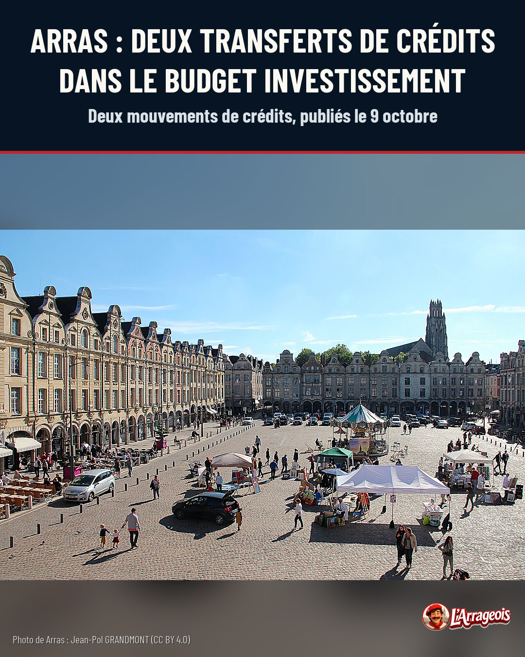 Place de l'Évêché d'Arras avec ses façades historiques, des stands de marché, des piétons et des voitures sous un ciel bleu.