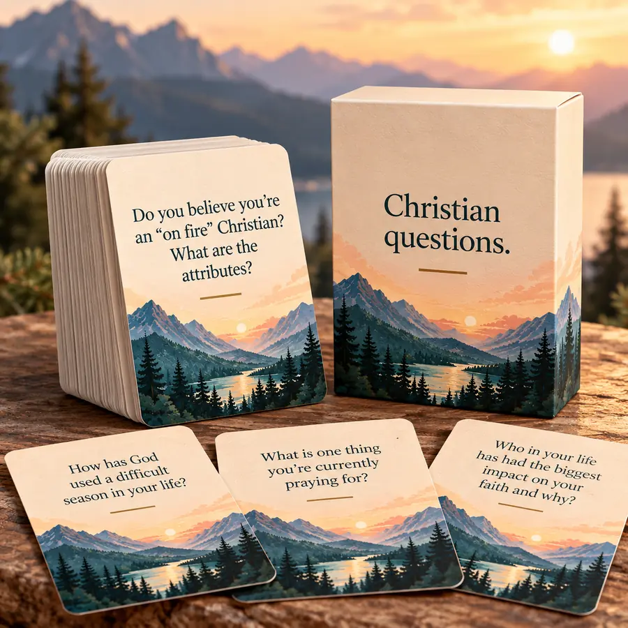 Question cards and box on a wooden table
