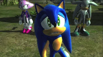 Sonic falling to his knees and hitting the ground.