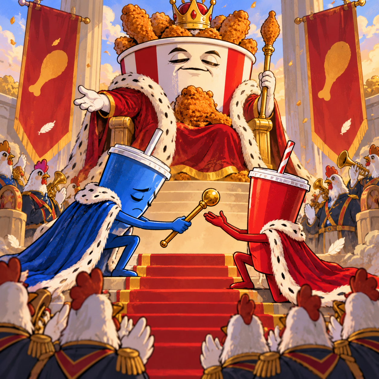 A cartoon fried-chicken king oversees a blue soda cup handing power to a red cup