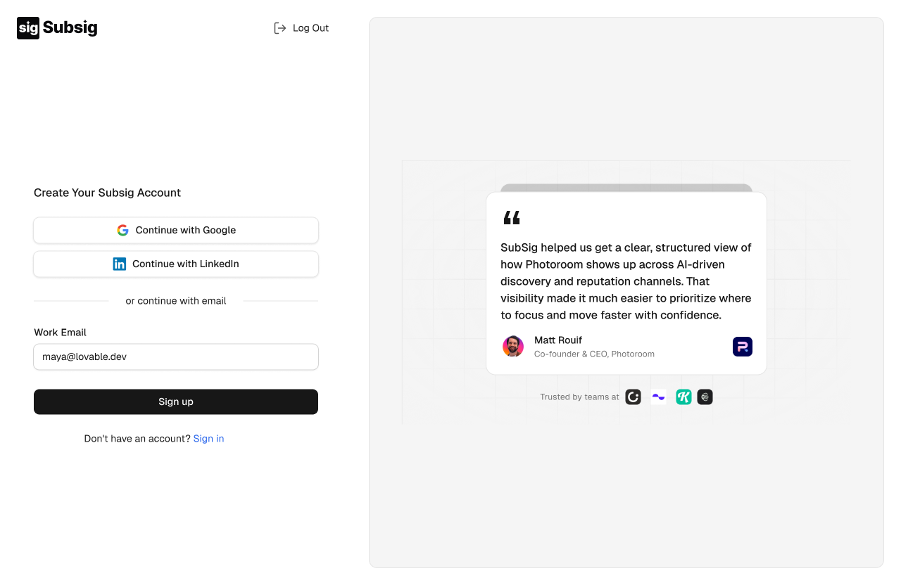 The Create Your Subsig Account screen