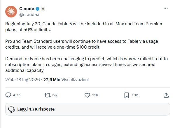 Post ufficiale di Claude su X che annuncia l'inclusione di Fable 5 nei piani Max e Team Premium dal 20 luglio 2026