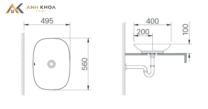 bản vẽ kỹ thuật Chậu rửa đặt bàn inax AL-S620V 