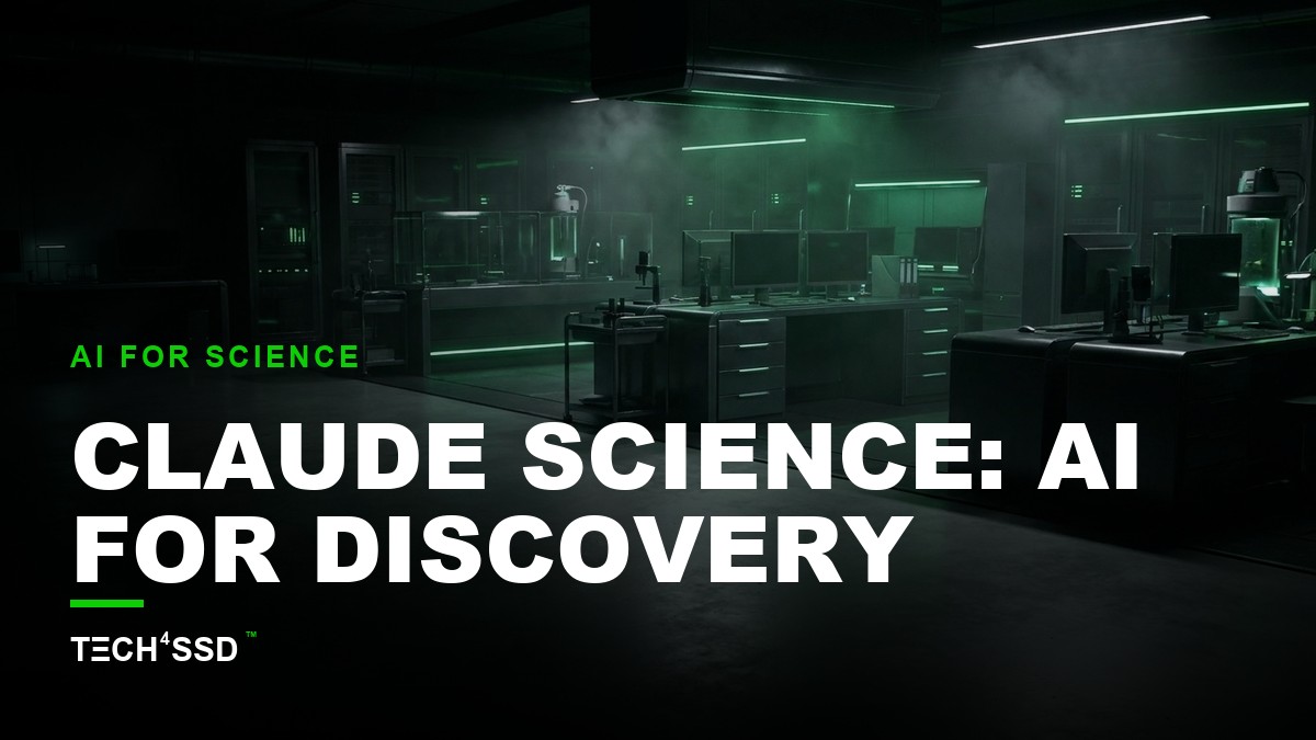 Futuristic laboratory with scientists collaborating around holographic displays showing 3D protein structures and genome browser tracks, powered by a glowing AI interface, representing Claude Science.