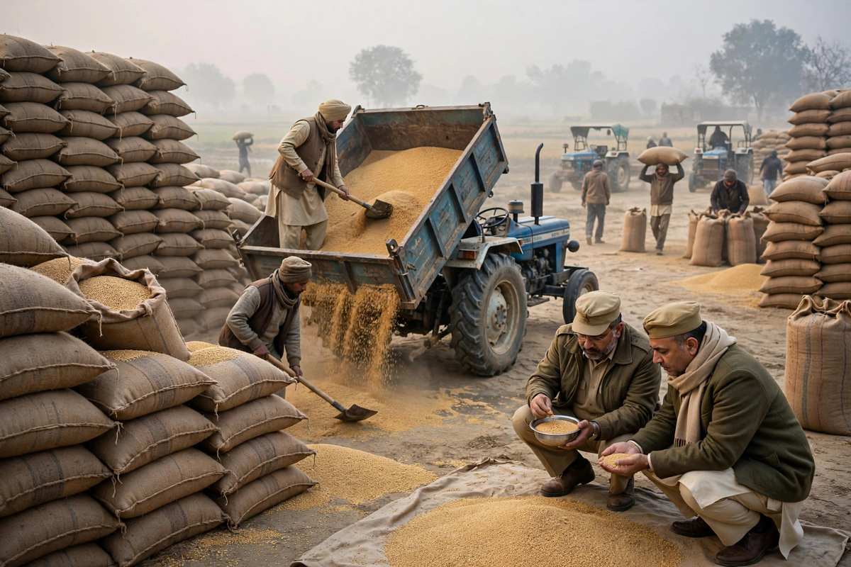 हरियाणा की मंडी में धान की बोरियों के ढेर और खरीद कार्य