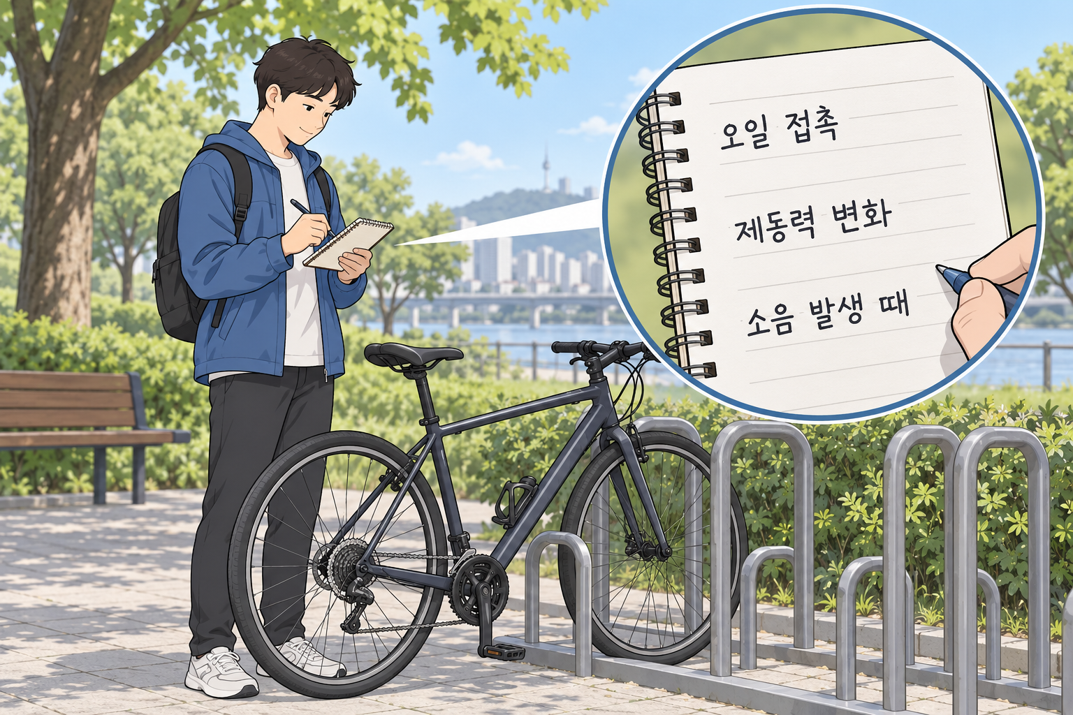 주행을 멈춘 상태에서 오일 접촉 가능성·제동력 변화·소음 발생 조건을 기록하는 설명용 장면