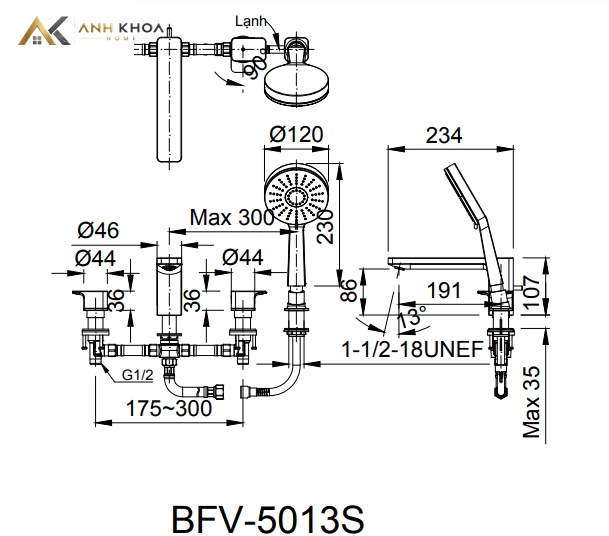Bản vẽ kỹ thuật Vòi sen tắm gắn bồn Inax BFV-5013S