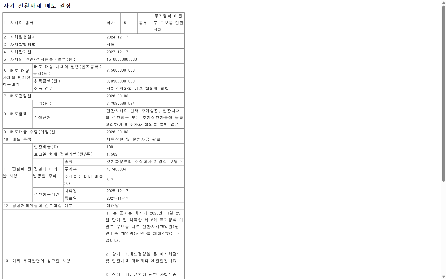 엣지파운드리 재매각 공시의 자금 확보 목적과 전환 관련 항목