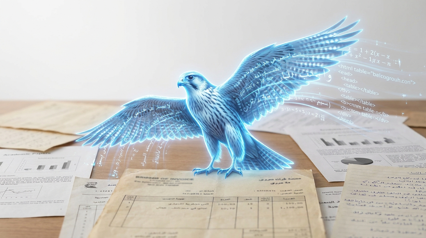 Falcon OCR Arabic model extracting Arabic text, formulas, and tables from diverse documents.