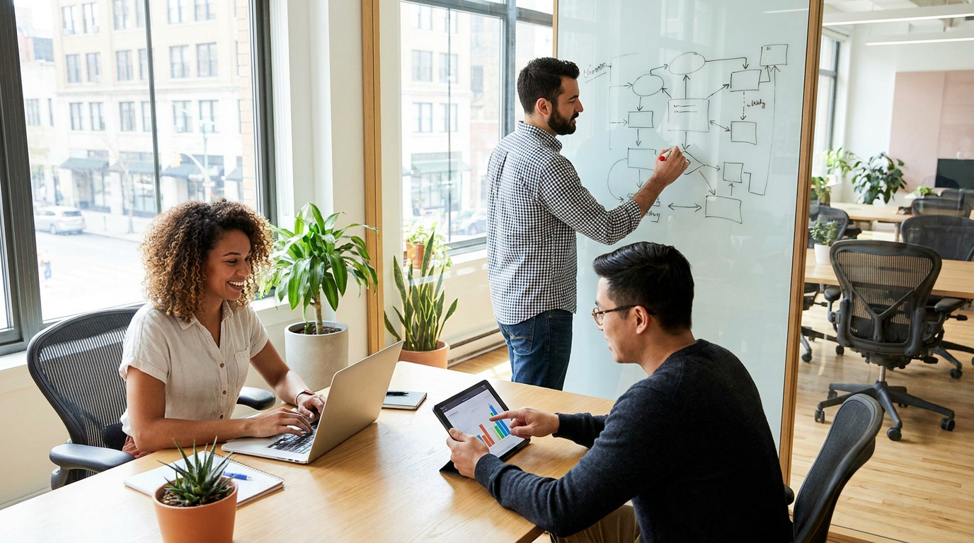 A small, diverse team collaborating on an AI agent solution, illustrating the entrepreneurial spirit of an AI agency.