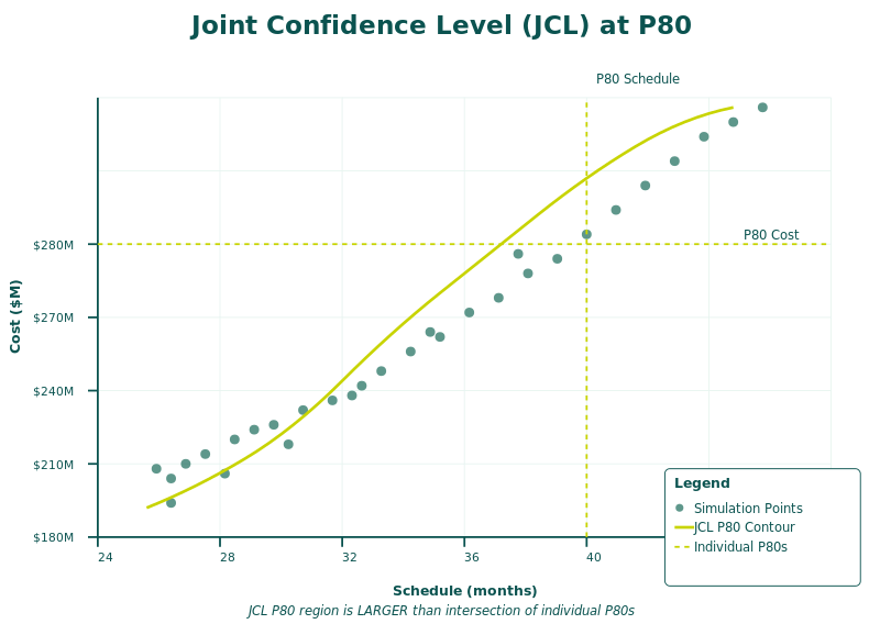 JCL scatter plot showing joint confidence level analysis with cost on x-axis and schedule on y-axis