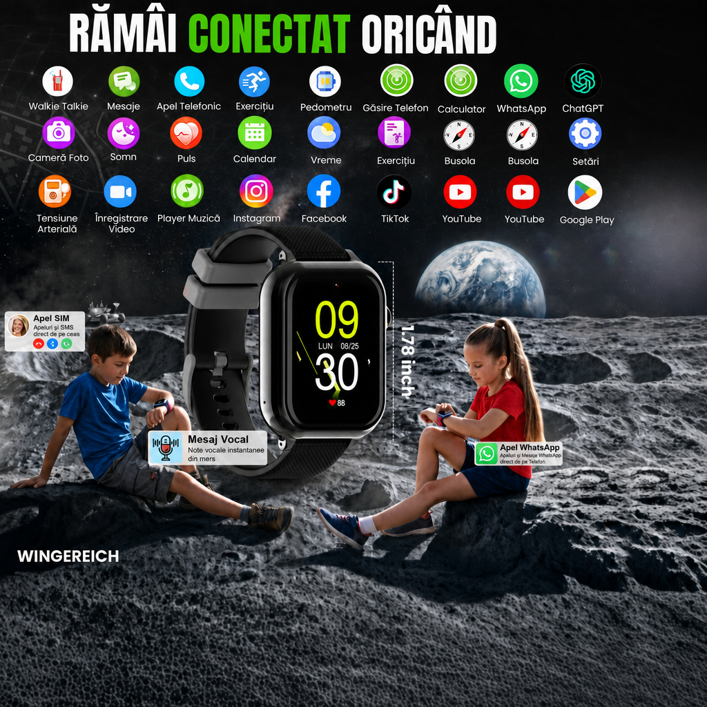 Ceas smartwatch Wingereich copii AI negru