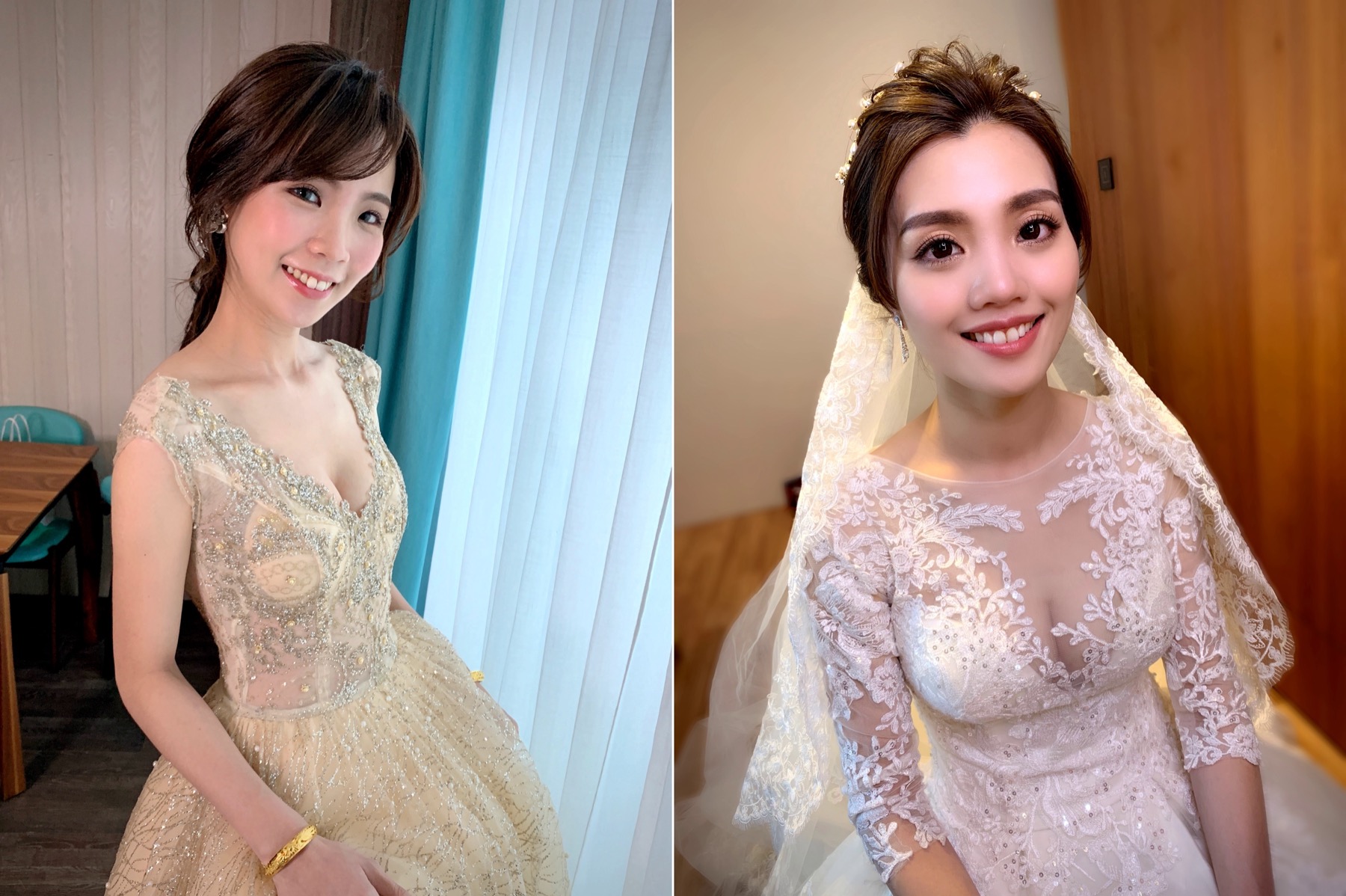 Syuan 新娘秘書作品,金色禮服與白蕾絲禮服妝感