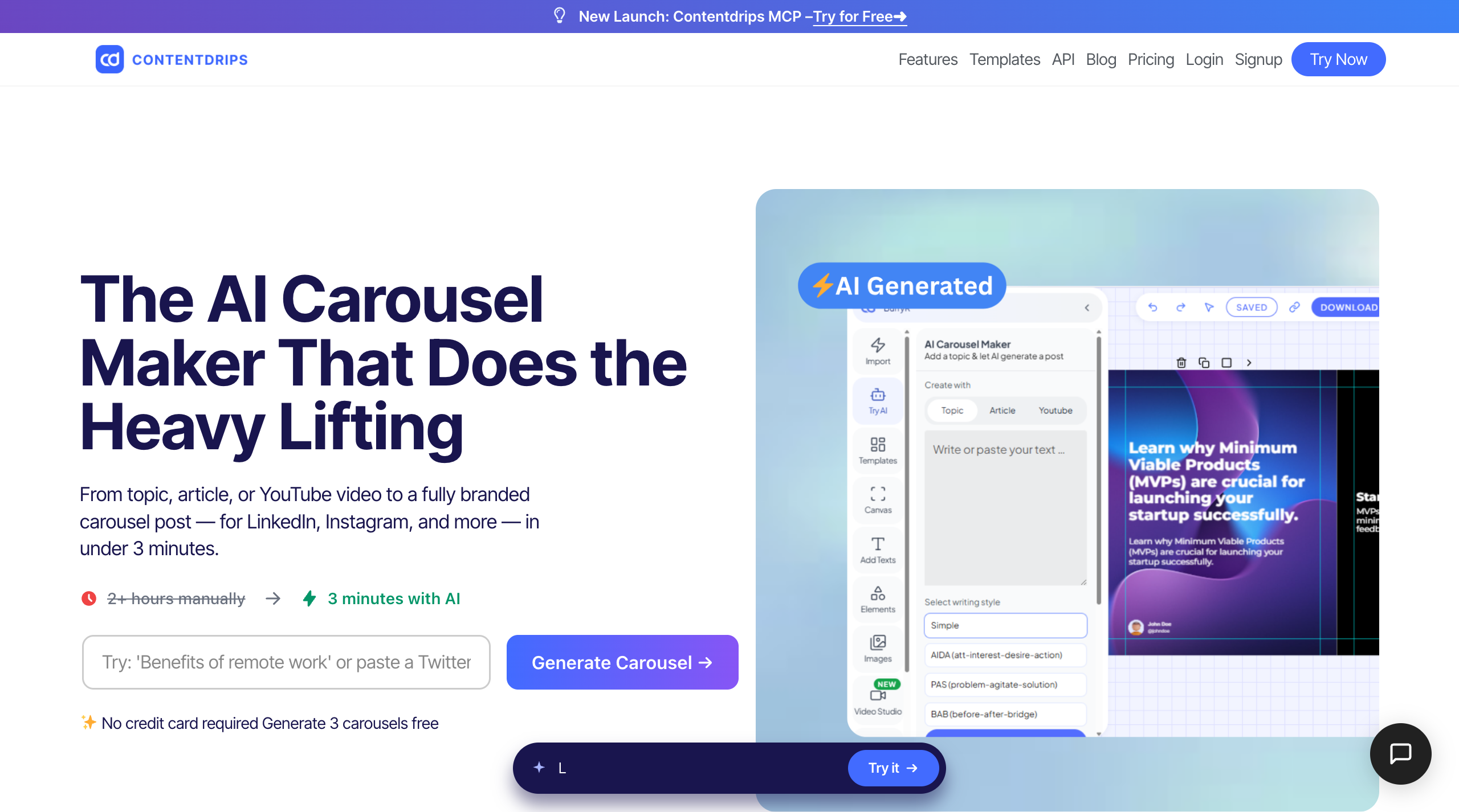 ContentDrips AI Carousel Maker homepage with the headline The AI Carousel Maker That Does the Heavy Lifting and a Generate Carousel button