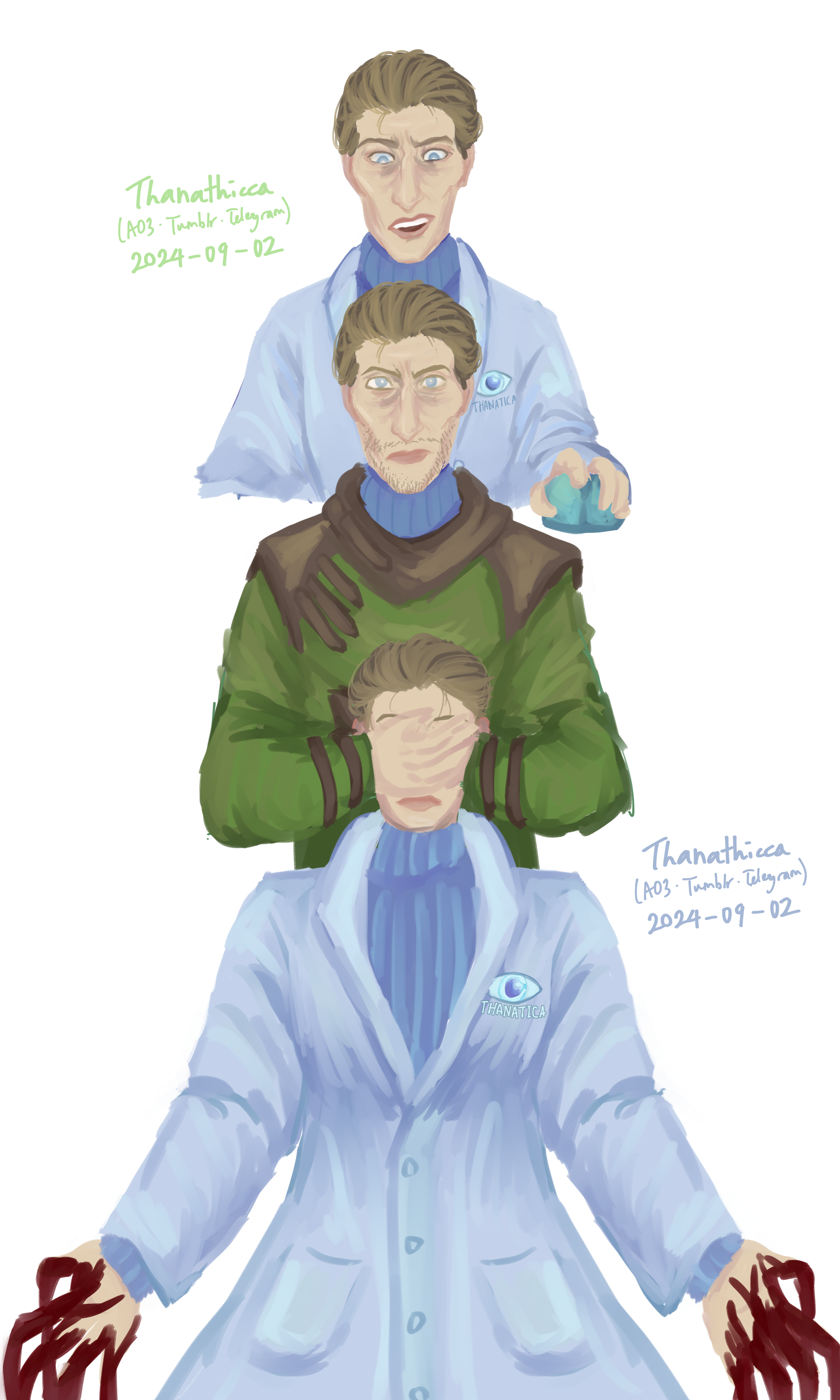A semi-realistic digital art with a cool color palette and painting-style shading. The drawing shows the Haruspex from our AU, who is a trans woman. She looks like canon Pathologic 2 Haruspex, just without the stubble, and she is wearing a blue sweater inside a Thanatica lab coat. On the top is Haruspex holding a mouse with an expression between shock and concern. In the middle is canon Pathologic 2 Haruspex frowning while looking at the camera, his hands closing the eyes of Haruspex at the bottom. At the bottom is AU Haruspex splaying her hands on the side, which drips blood to the bottom of the picture. On the side is our AO3, Tumblr, and Telegram username, 