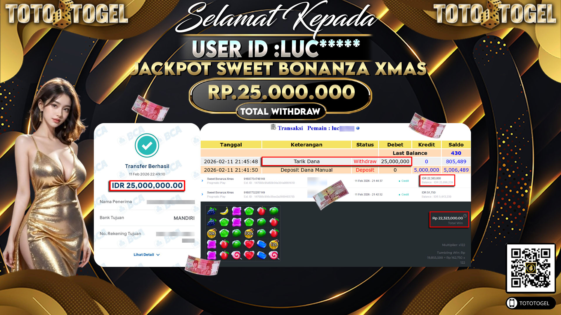 Bukti Pembayaran Jackpot Permainan Slot Sweet Bonanza Xmas ID:LUC*****LUNAS