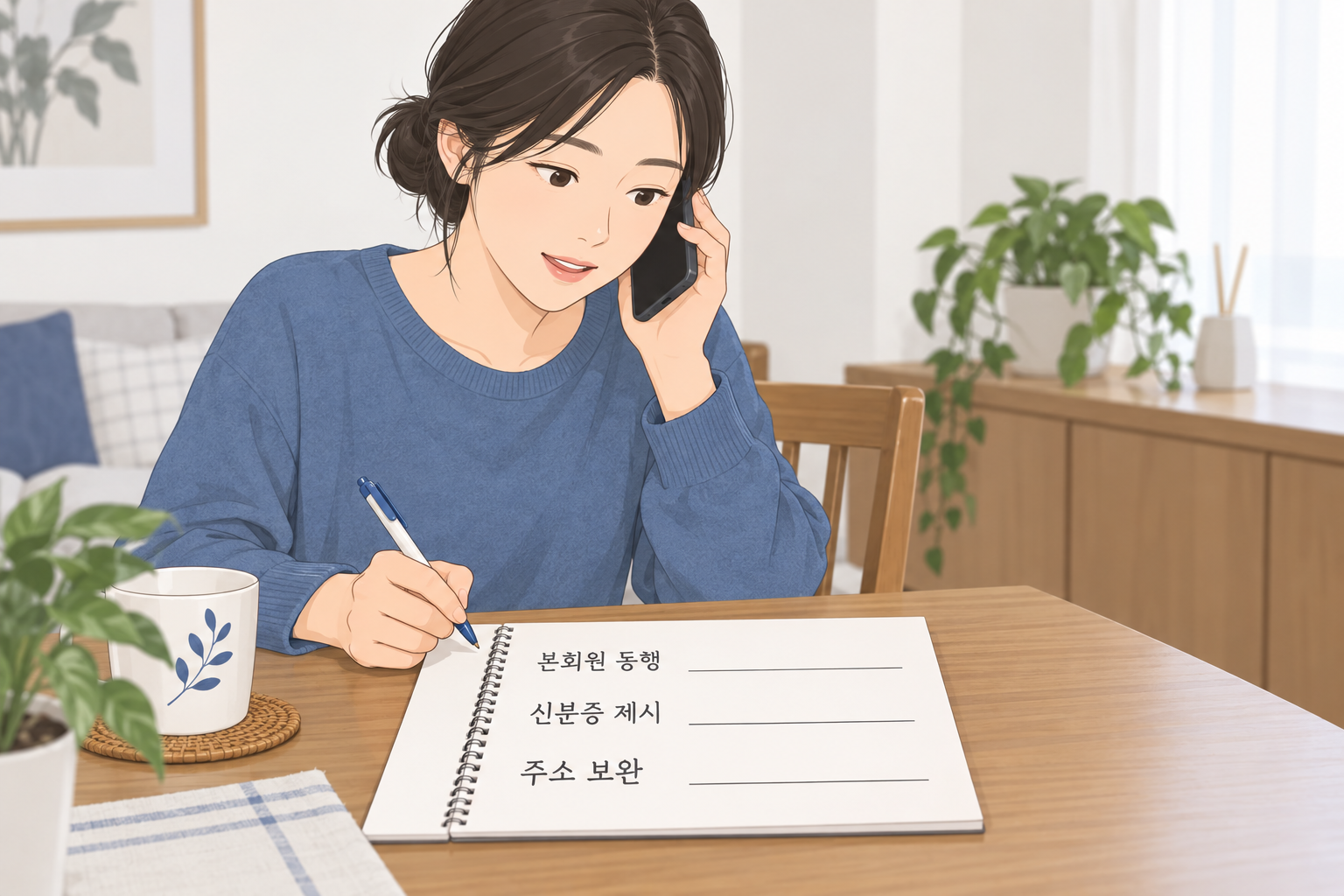 방문 전에 본회원 신분증 제시 방법과 주소 보완 서류를 문의하며 메모하는 장면