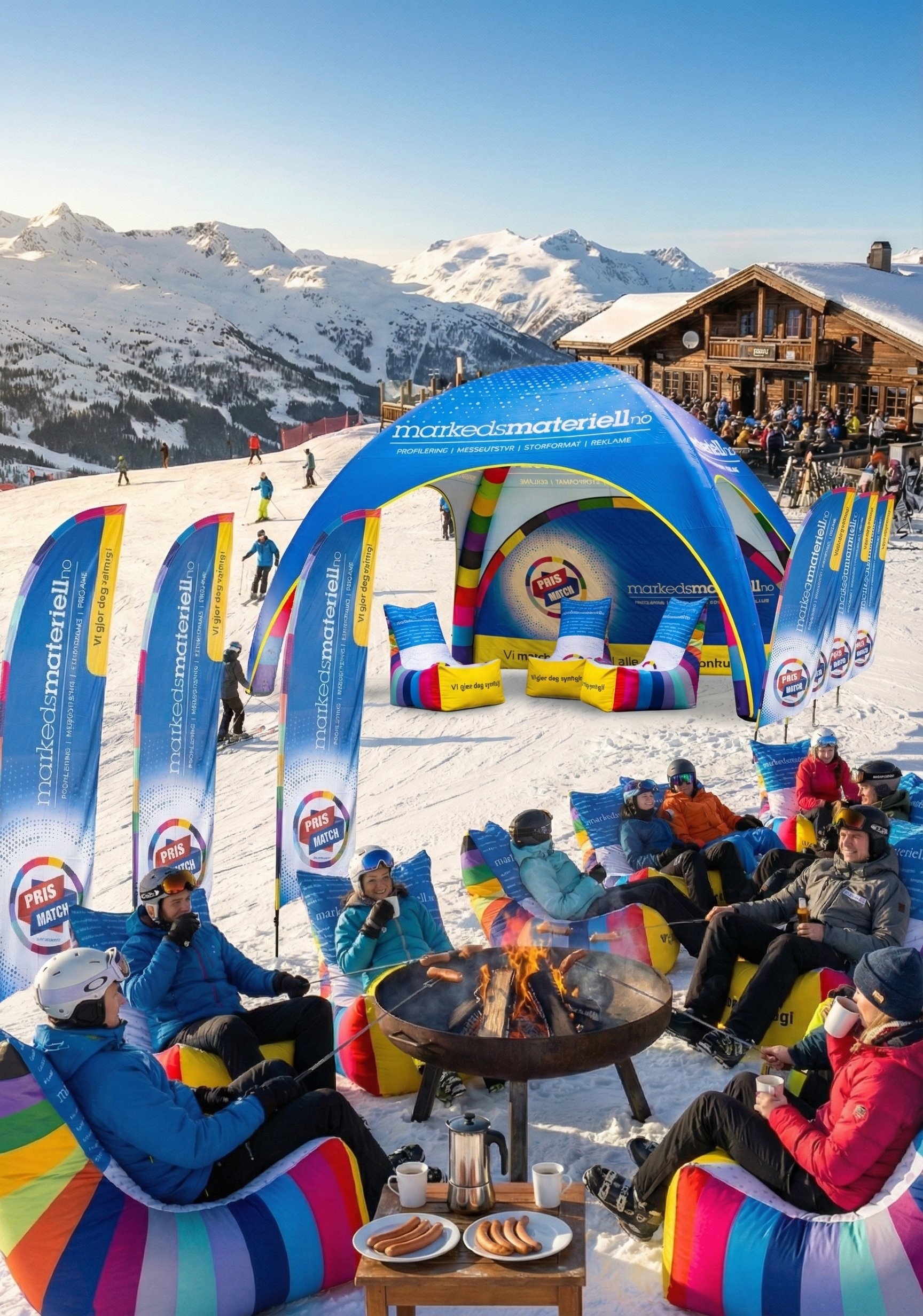 Oppblåsbart eventtelt med sakkosekker og beachflagg i en alpinbakke, folk i skiutstyr nyter afterski-stemning