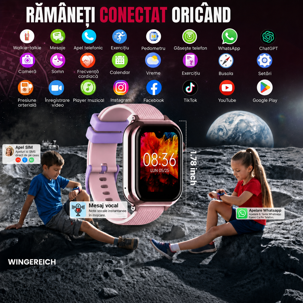 Ceas smartwatch Wingereich copii AI roz