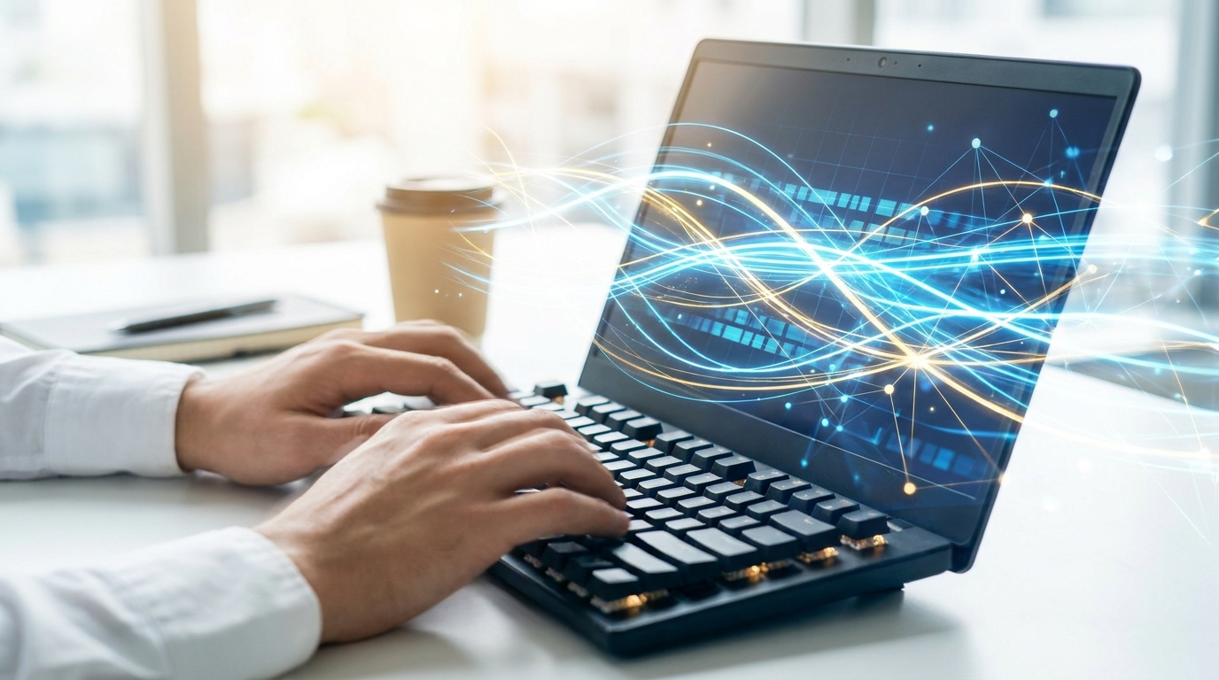 Hands typing quickly on a keyboard with digital data streams, representing enhanced Windows Search Performance and streamlined workflow.
