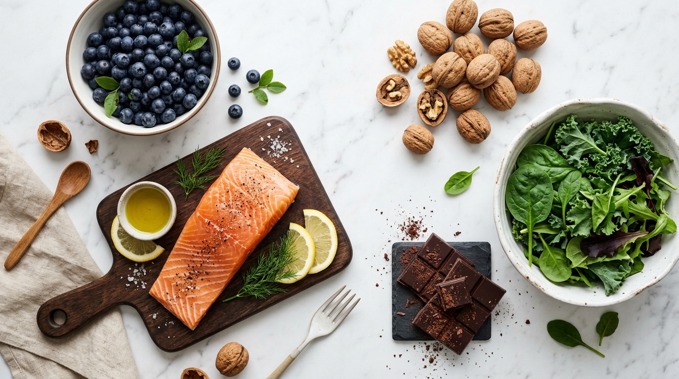 Nutrition Investments for Brain Power and Mental Performance Brain-healthy foods flat lay with walnuts, blueberries, dark chocolate, salmon and leafy greens on white marble