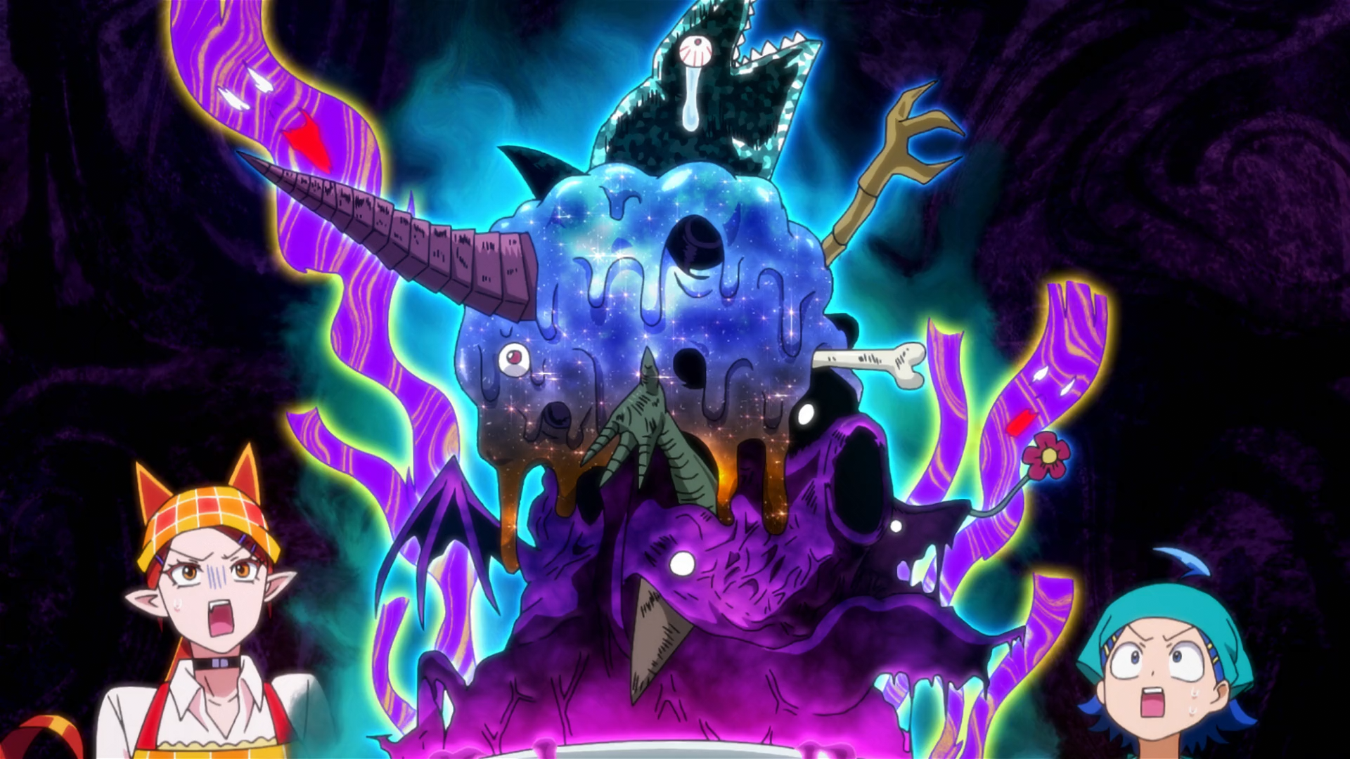 Iruma and Ameri look upon the monstrosity they have created with wonder. It is composed of many different carcasses, bones, blobs, and glows with a threatening aura. This was supposed to be some kind of confection