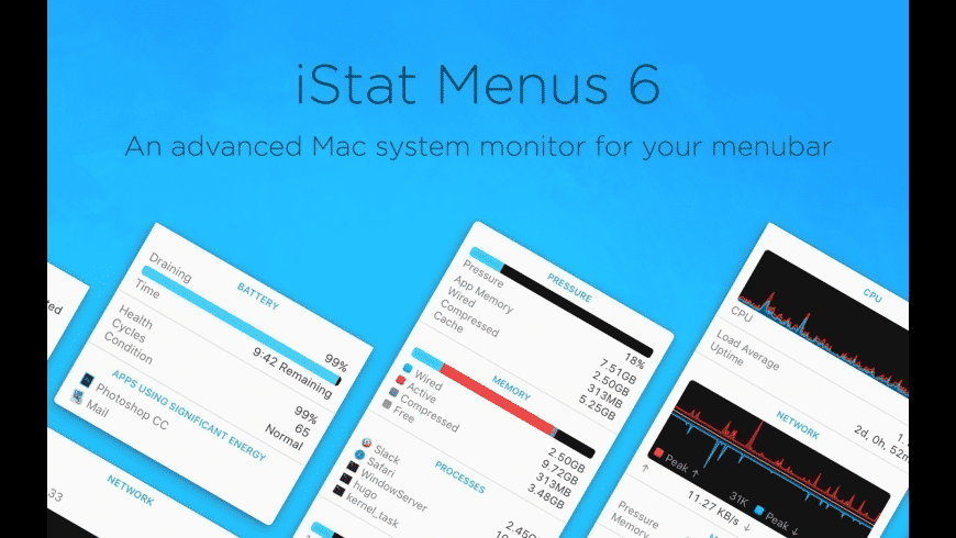 iStat Menus Mac — menu bar extras showing CPU, memory, network and temperature graphs
