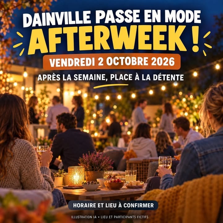 Des personnes assises autour d'une table en extérieur le soir, éclairées par des guirlandes lumineuses, buvant du vin.