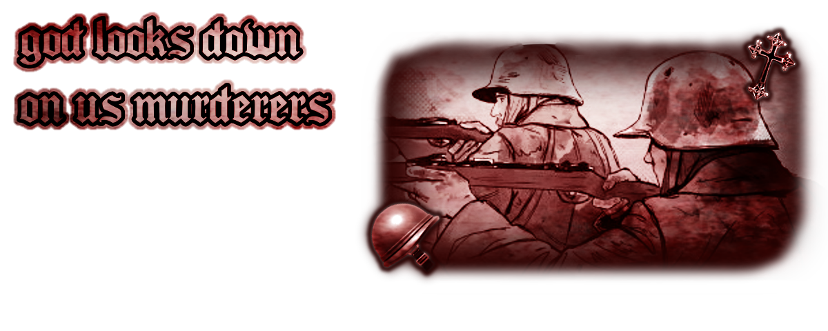 a graphic of two men shooting. the men are paul and kat from ich westen nicht neues / all quiet on the western front 2022 adaption. the art is by @andromeddog on tumblr. there is a small png of a helmet in the bottom left corner of the graphic, and a small png of a cross in the top right. on the empty space on the left side of the graphic, there is text in a gothic font that reads "god looks down on us murderers." this quote is taken directly from kat in the english voice over in the 2022 version of iwnn/aqotwf. this graphic was made by konoisms on tumblr/discord.