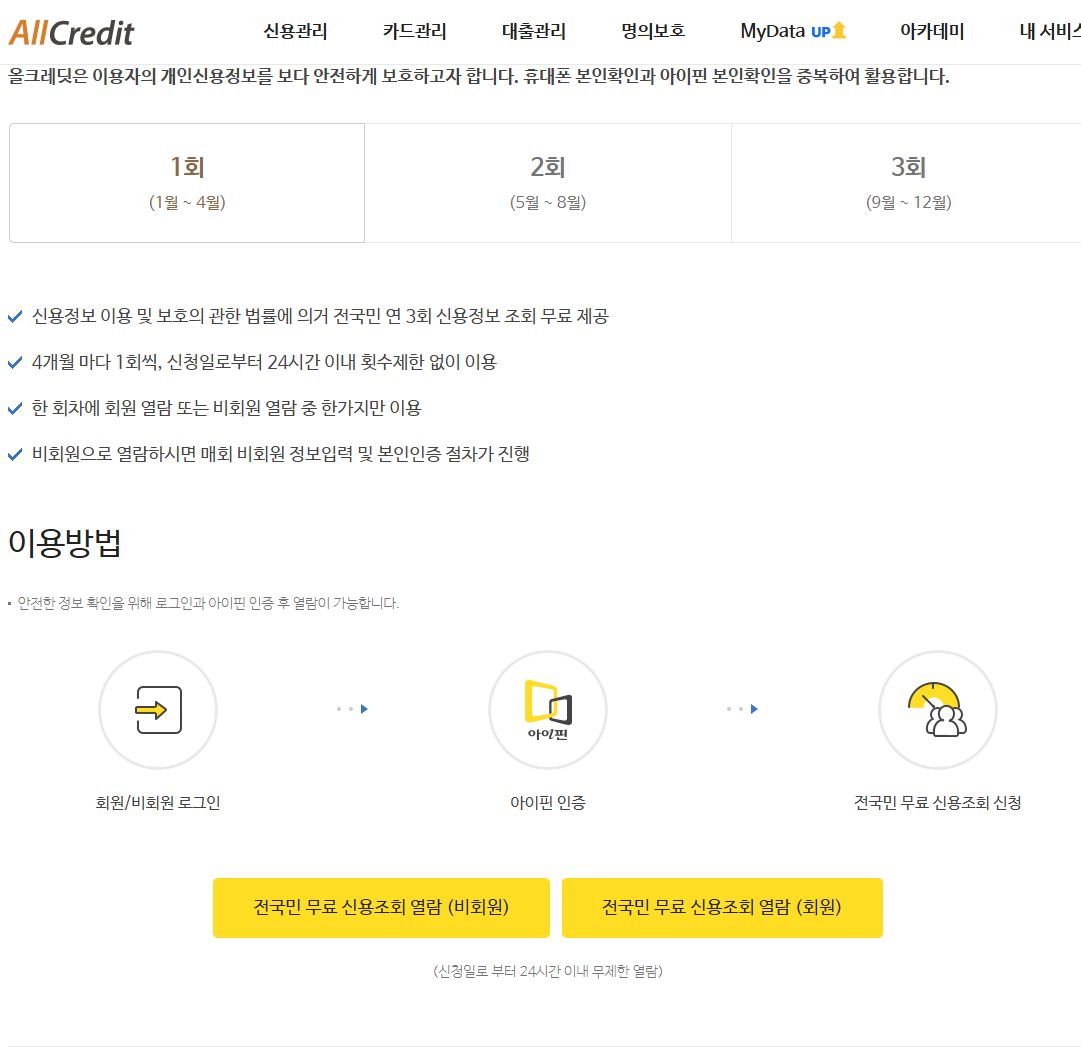 연 3회 무료 신청 회차와 신청 후 24시간 열람 조건을 안내하는 올크레딧 공개 페이지