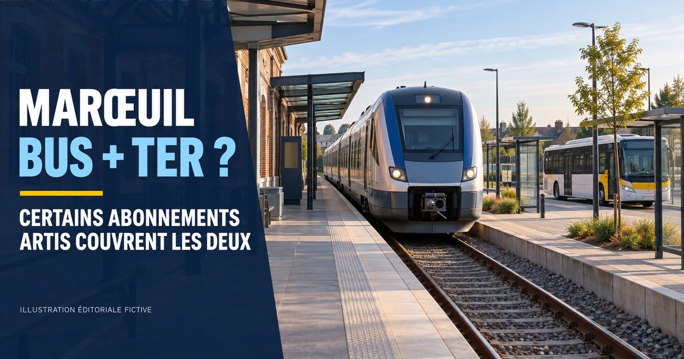 Un train TER arrive sur une voie de gare, avec un bus en arrière-plan à droite, sous un ciel clair.
