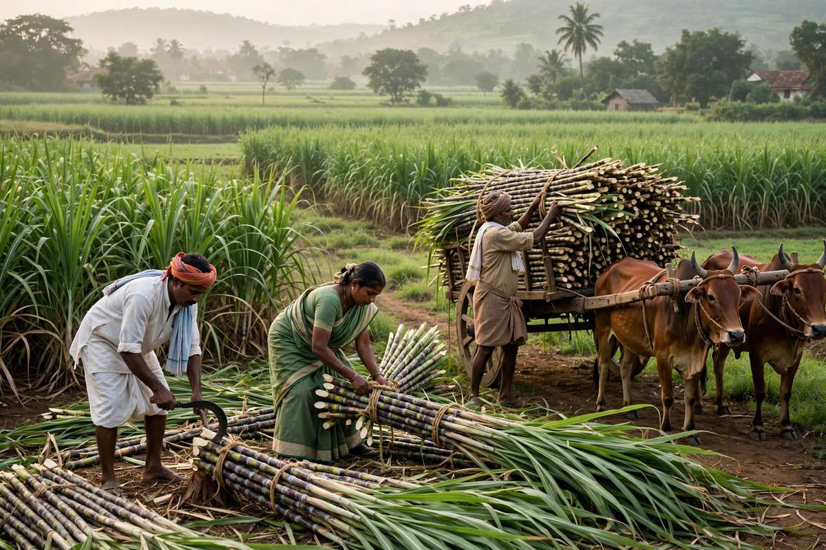 कर्नाटक के खेतों में गन्ना काटते किसान, सुबह की रोशनी में हरे खेत