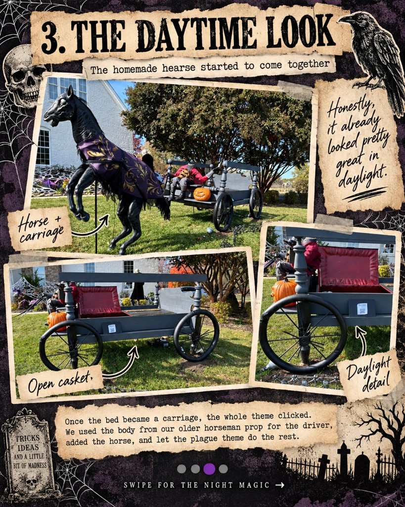The daytime look: horse, carriage, and open casket