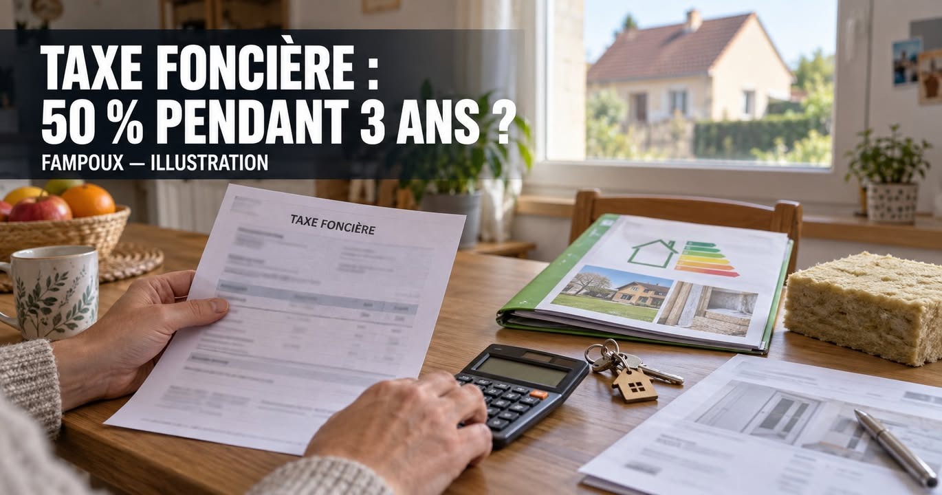 Des mains tiennent un document fiscal et un calculateur sur une table avec des clés, un modèle de maison et des brochures.