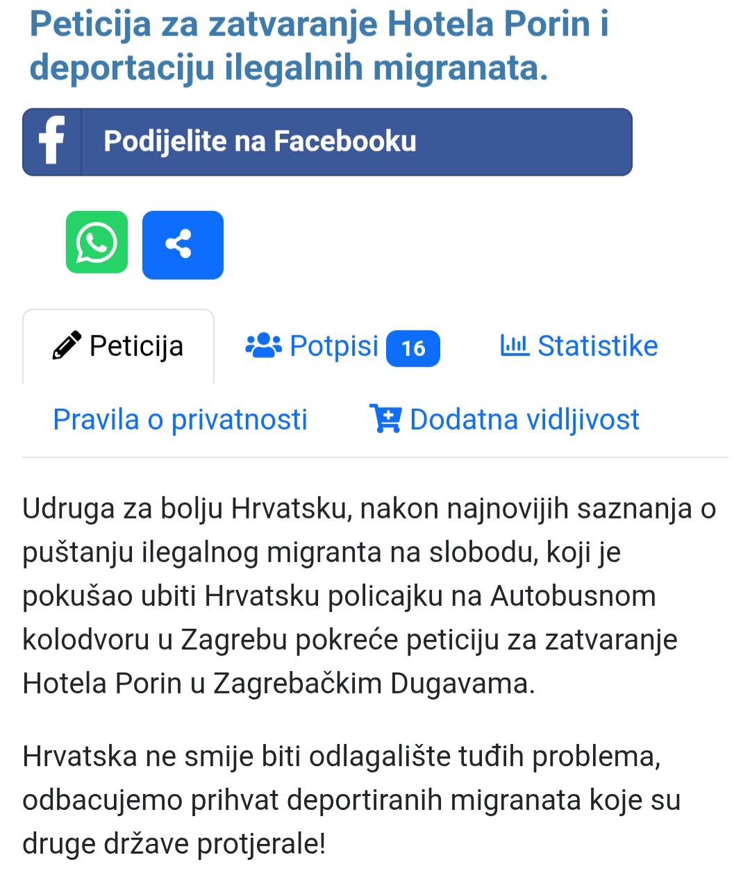 Peticija za zatvaranje Hotela Porin i deportaciju ilegalnih migranata