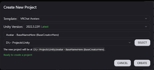 ALCOM create project dialog
