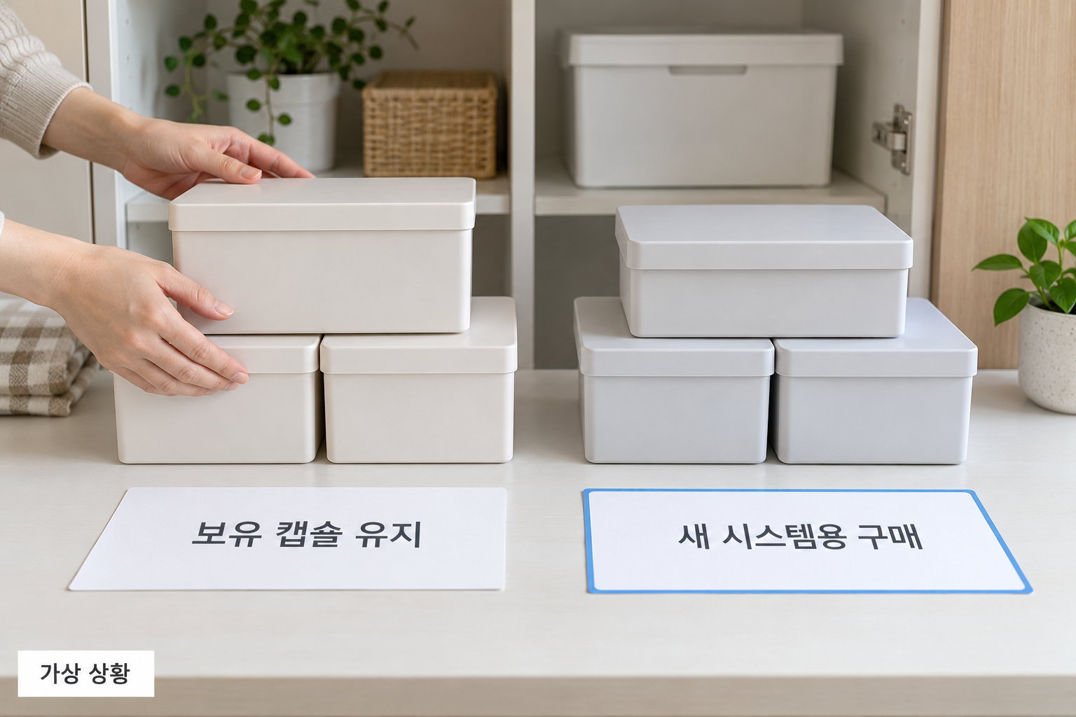 남은 오리지널 캡슐 유지와 버츄오용 캡슐 별도 구매를 나눠 판단하는 가상 선택 장면
