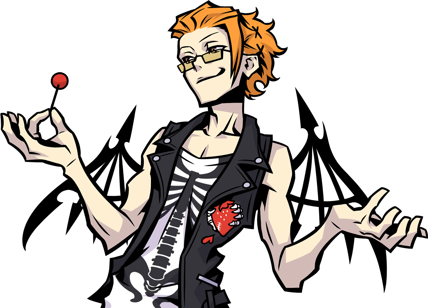 An in-game sprite of Kariya Koki from NEO from the waist up. On the left side of his black jacket, he wears a red patch in the shape of a strawberry. The strawberry is held by a skeleton hand and has a small stitch on the bottom. The redness and shape of the patch evoke a heart.