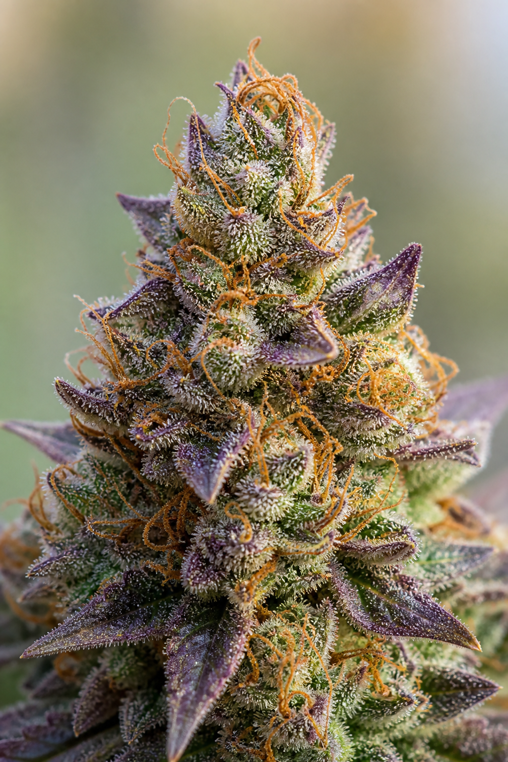 Premium Cannabis-Blüte mit kristallinen Trichomen und leuchtend orangen und violetten Pistillen — Cannflavin-reiche Sorte für Flavonoid-Forschung