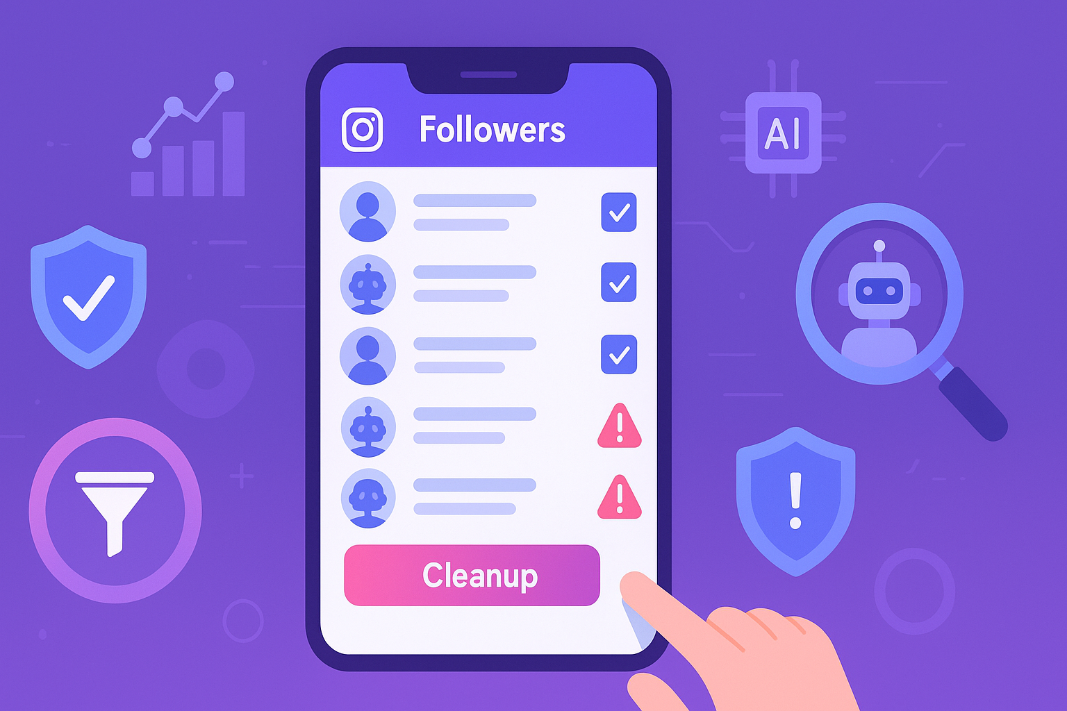 Instagram follower cleanup interface showing suspicious accounts and audience quality signals