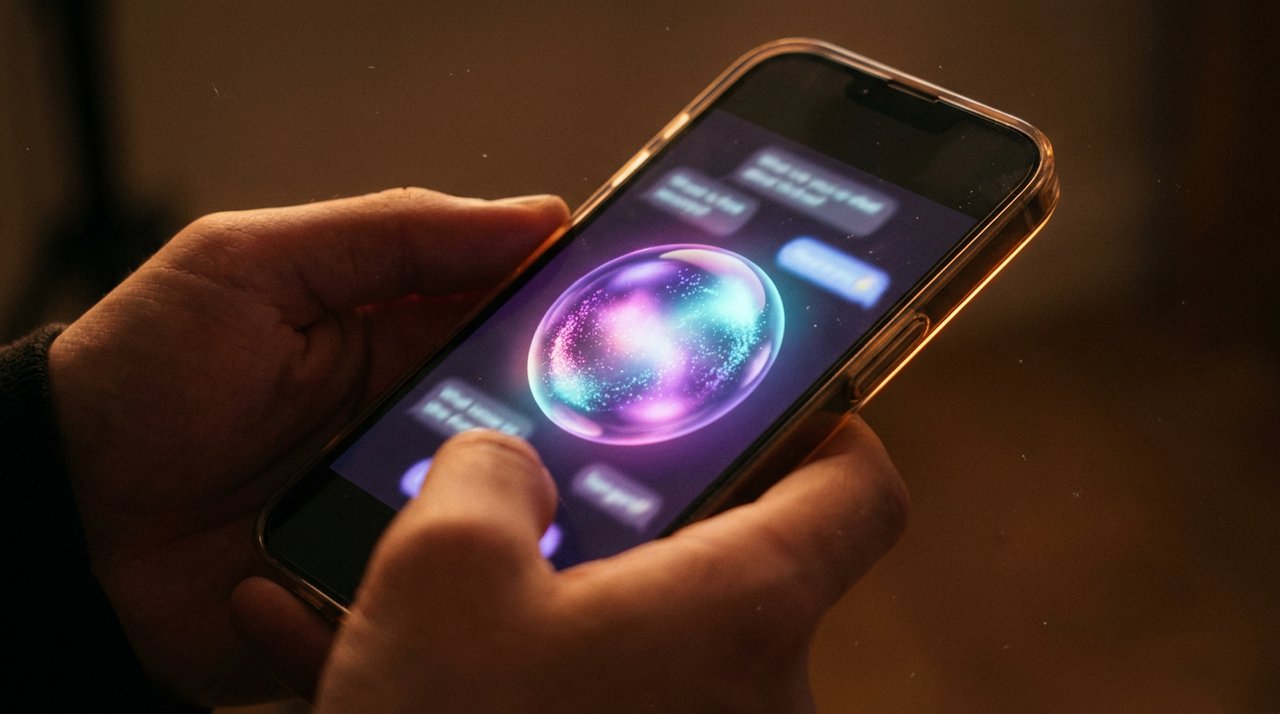 iPhone showing redesigned Siri interface with iridescent particle waveform
