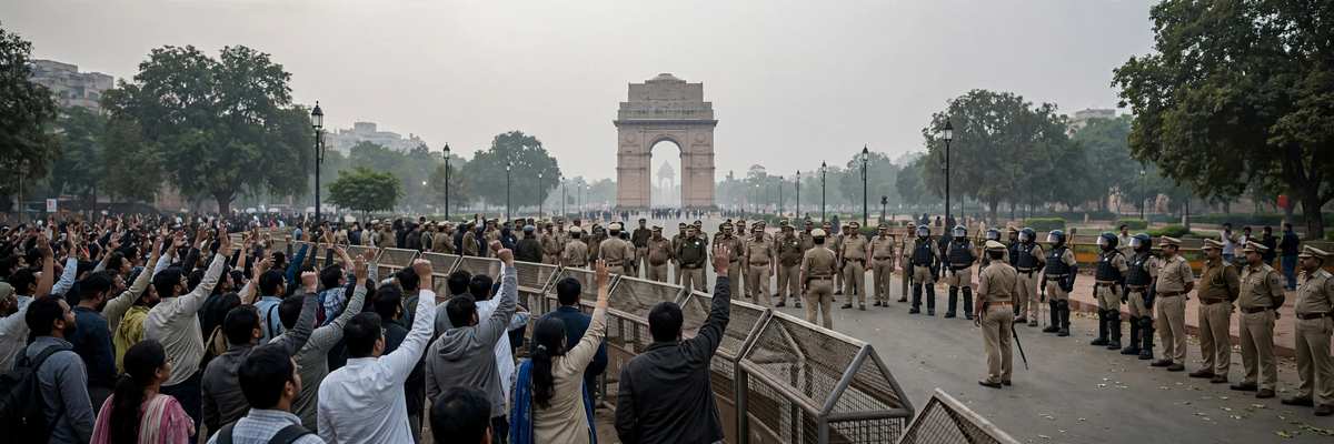 दिल्ली में विरोध प्रदर्शन के दौरान पुलिस बैरिकेड के पास जमा भीड़