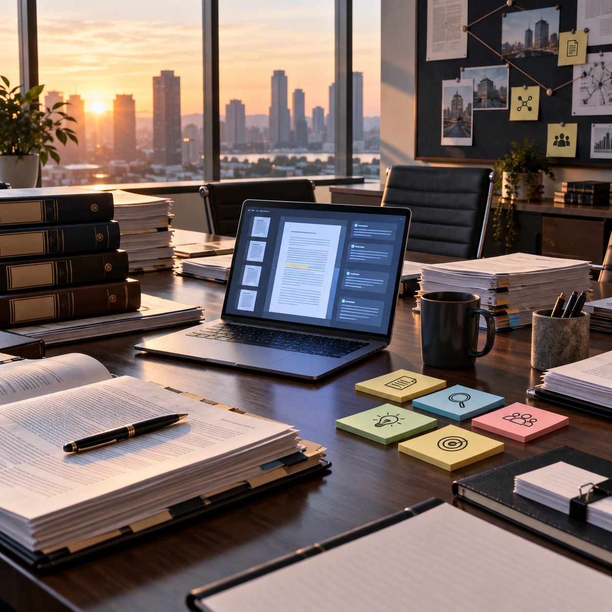 A legal document review desk with a glowing AI assistant interface.